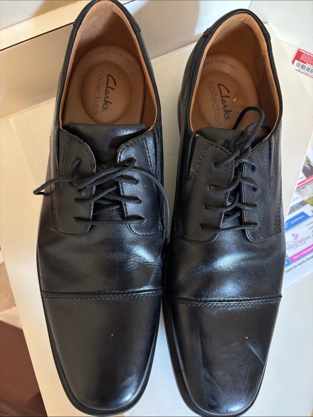Clarks Black Leather Lace-Up Cap-Toe Oxfords